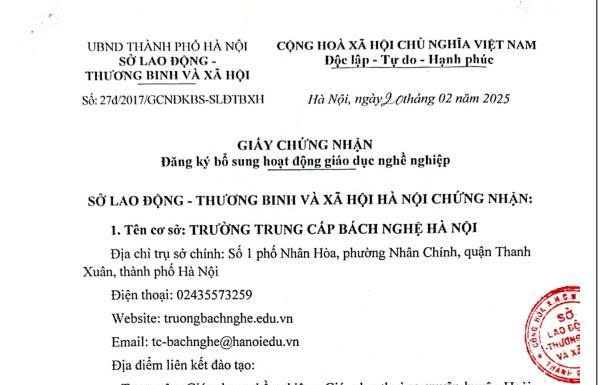 GIẤY CHỨNG NHẬN ĐĂNG KÝ BỔ SUNG HOẠT ĐỘNG GIÁO DỤC NGHỀ NGHIỆP NĂM 2025